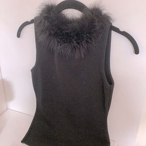 Black 🖤 Ostrich Feather Trim Neck Sleeveless Top Knit Soft Sleeveless Boho EUC